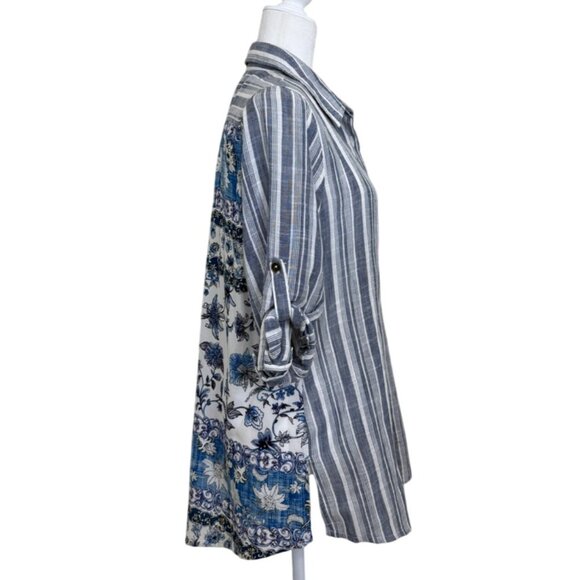 Anthropologie Kyla Seo Tunic Button-Up Top Striped Floral Roll-Tab Sleeve Sz M - Picture 3 of 8